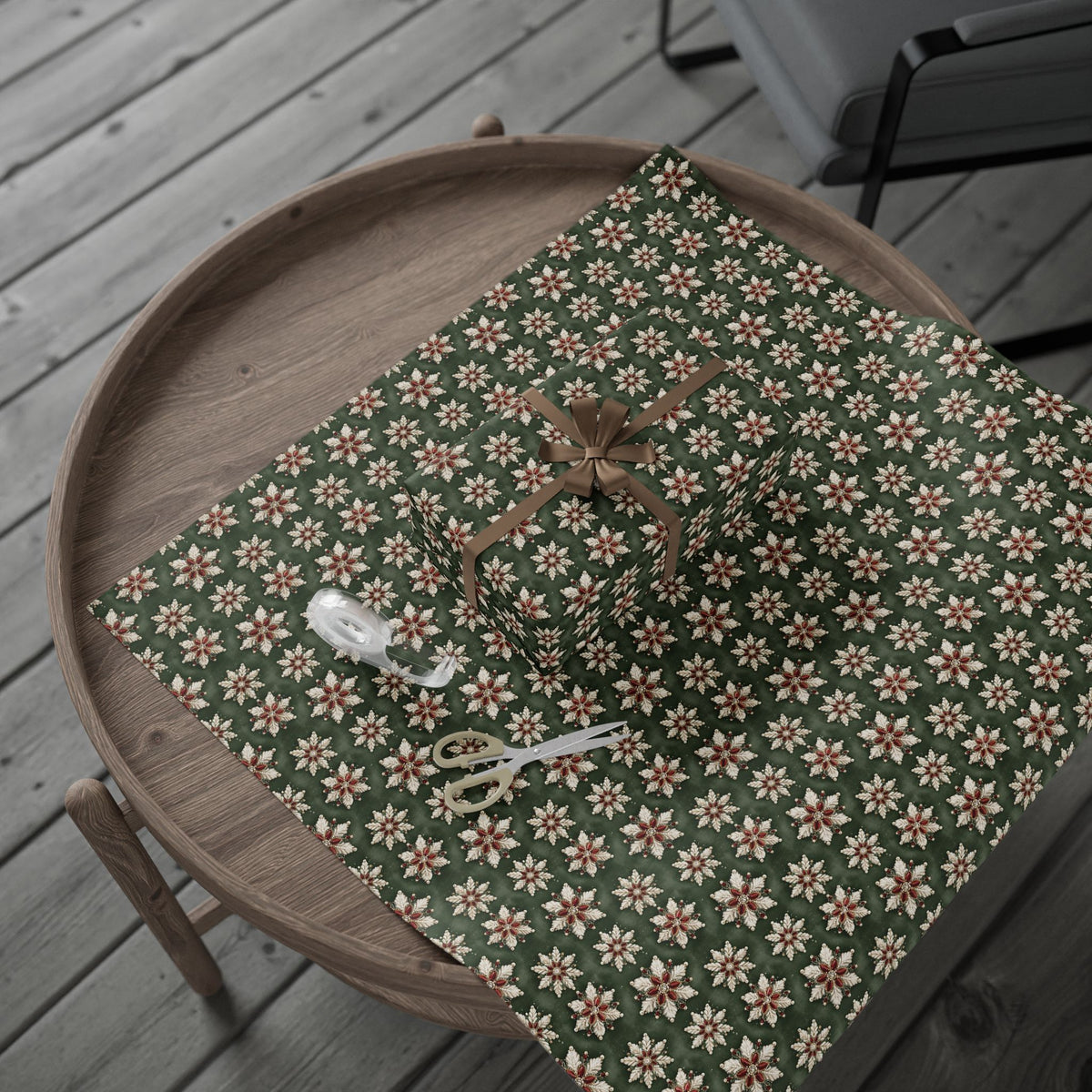 Jeweled Snowflake Christmas Wrapping Paper, Forest Green Gift Wrap Roll, Ruby Pearl Vintage Brooch Holiday Paper