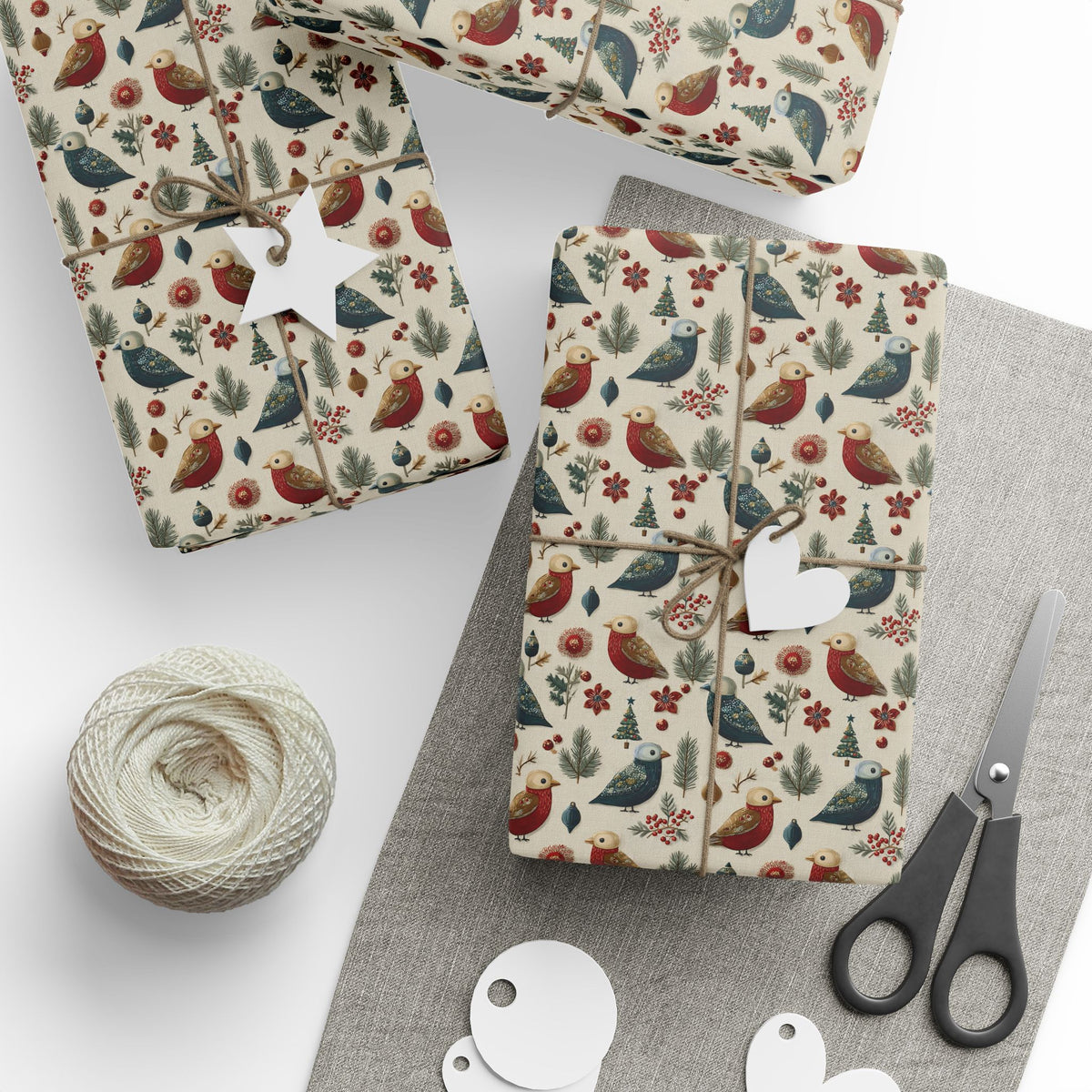 Folk Art Christmas Bird Wrapping Paper, Scandinavian Robin Gift Wrap Roll, Red Blue Cream Holiday Paper, Matte