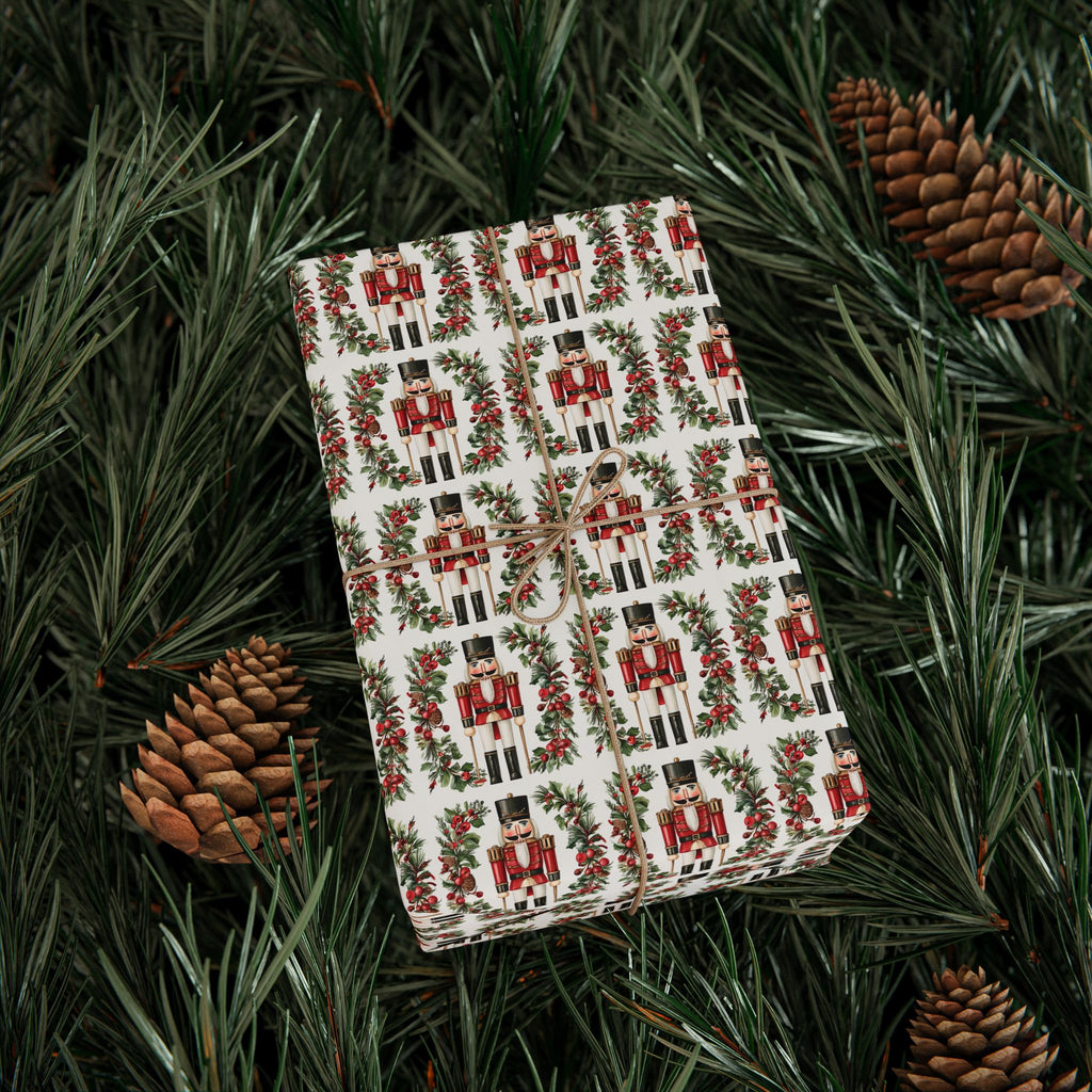 Red Nutcracker Christmas Wrapping Paper, Holly Berry Toy Soldier Gift Wrap Roll, Classic Watercolor Traditional Holiday Wrap, Matte Paper, Free Shipping