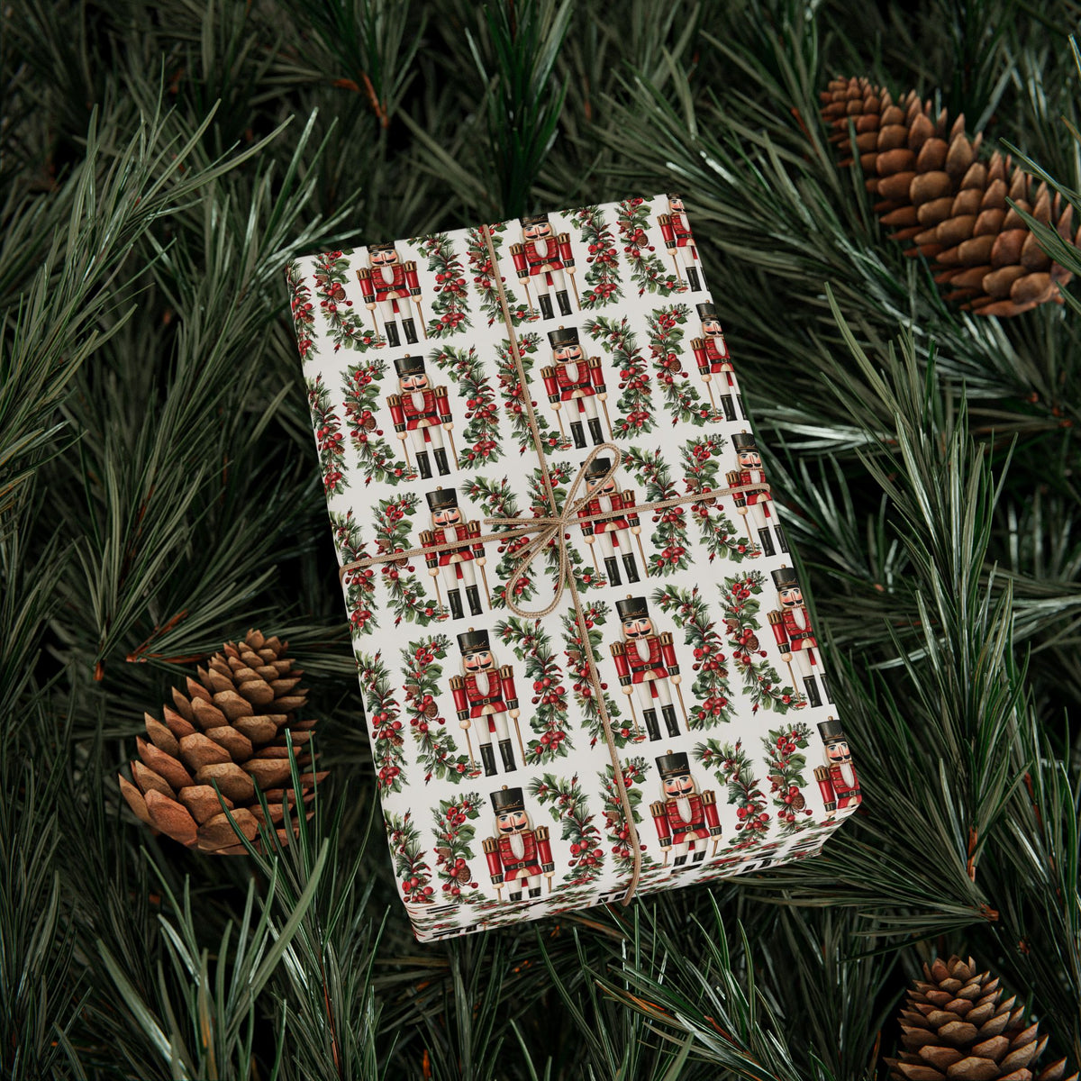 Red Nutcracker Christmas Wrapping Paper, Holly Berry Toy Soldier Gift Wrap Roll, Classic Watercolor Traditional Holiday Wrap, Matte Paper, Free Shipping