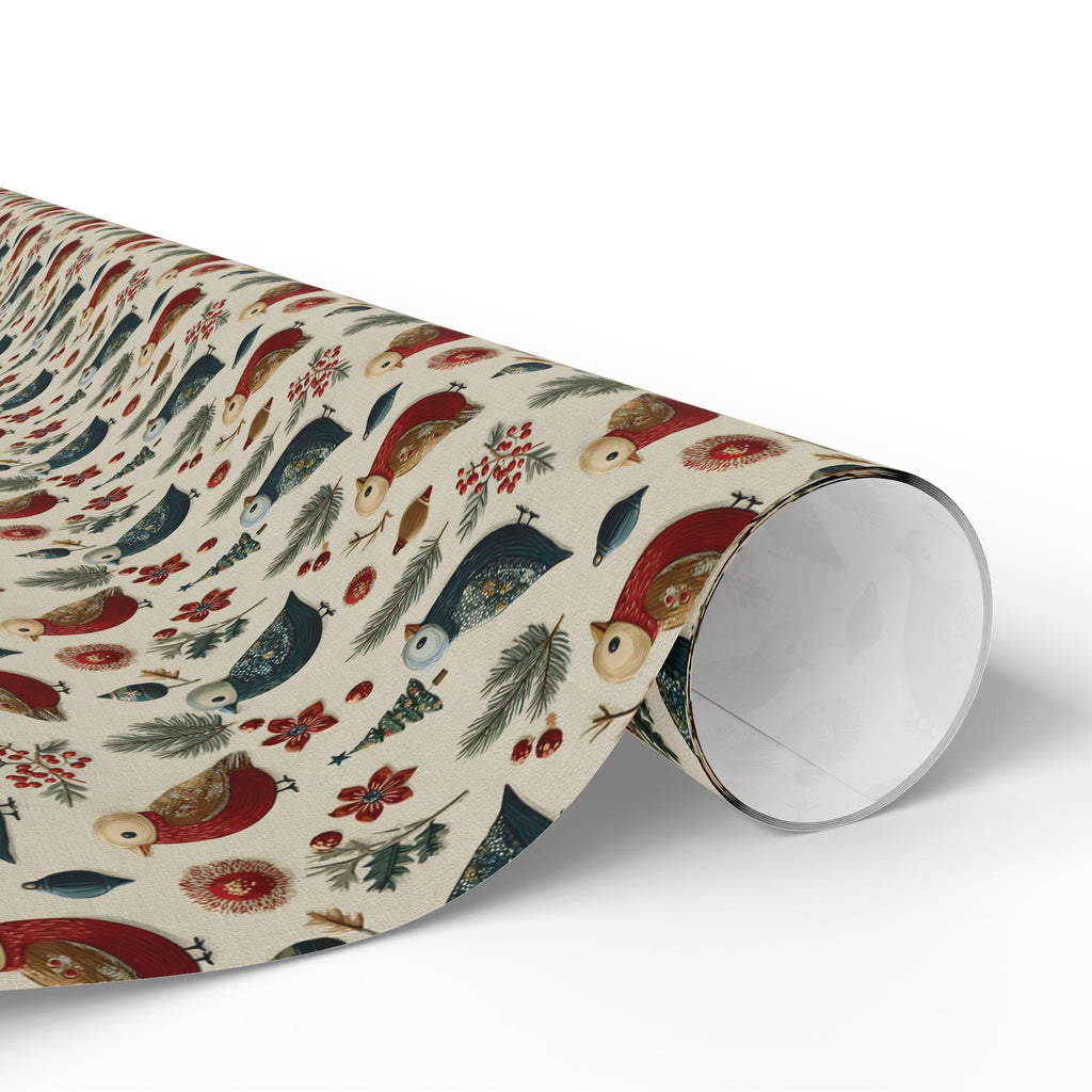 Folk Art Christmas Bird Wrapping Paper, Scandinavian Robin Gift Wrap Roll, Red Blue Cream Holiday Paper, Matte