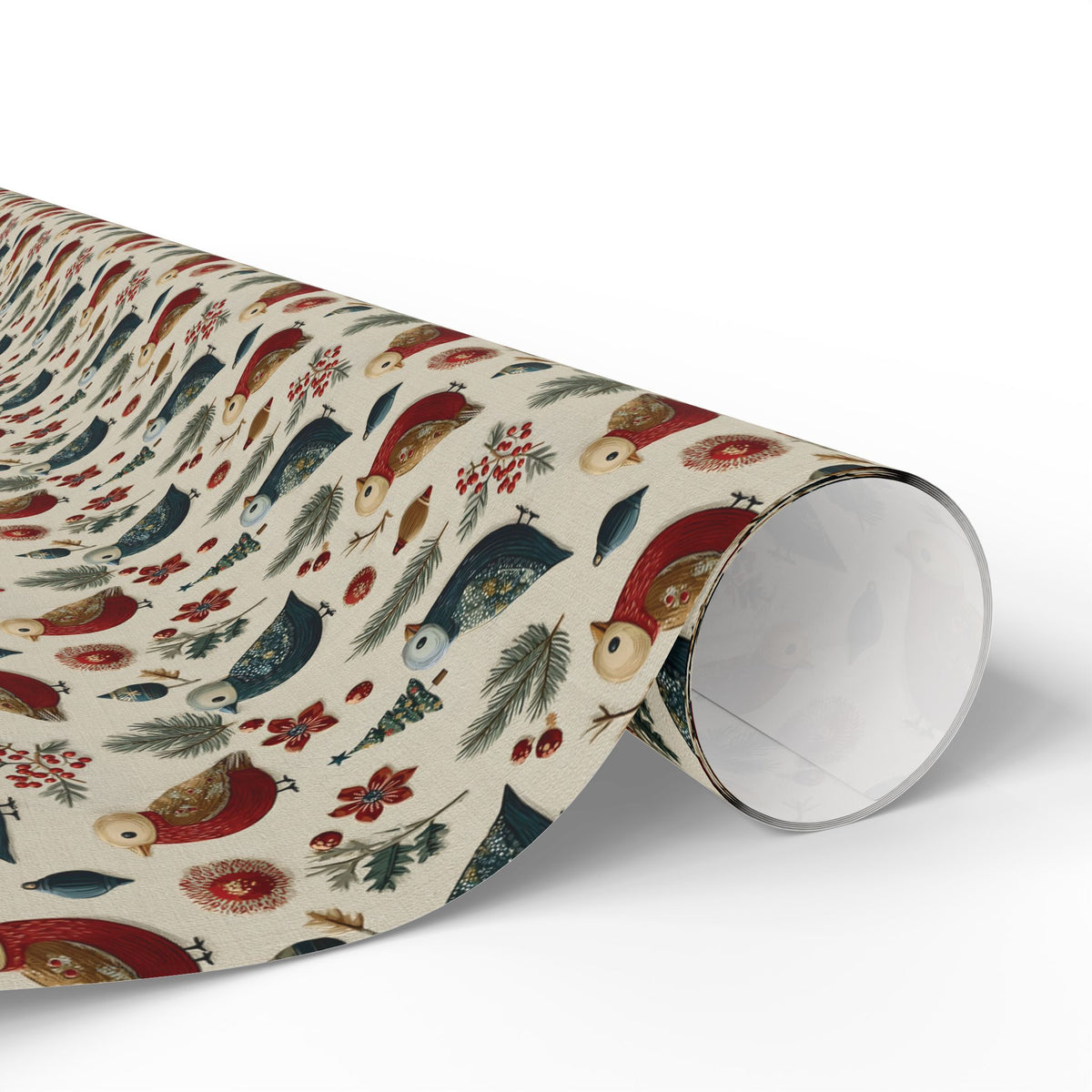 Folk Art Christmas Bird Wrapping Paper, Scandinavian Robin Gift Wrap Roll, Red Blue Cream Holiday Paper, Matte