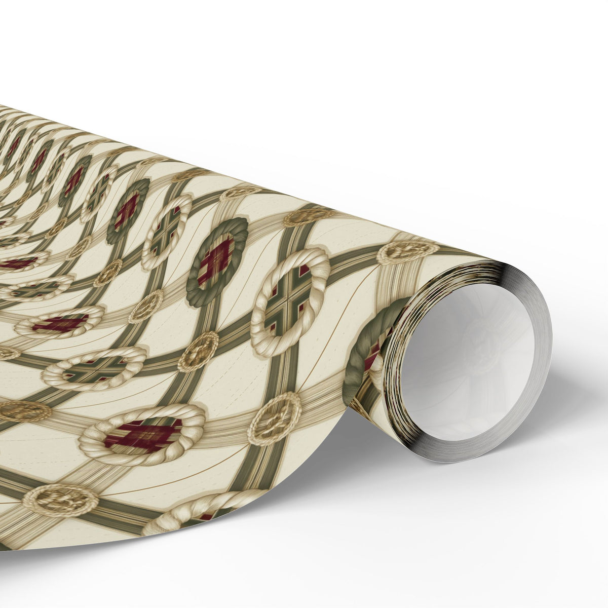 Rope Lattice Christmas Wrapping Paper, Vintage Cream Green Trellis Gift Wrap Roll, Wreath Medallion Tartan Holiday Wrap, Matte Paper, Free Shipping