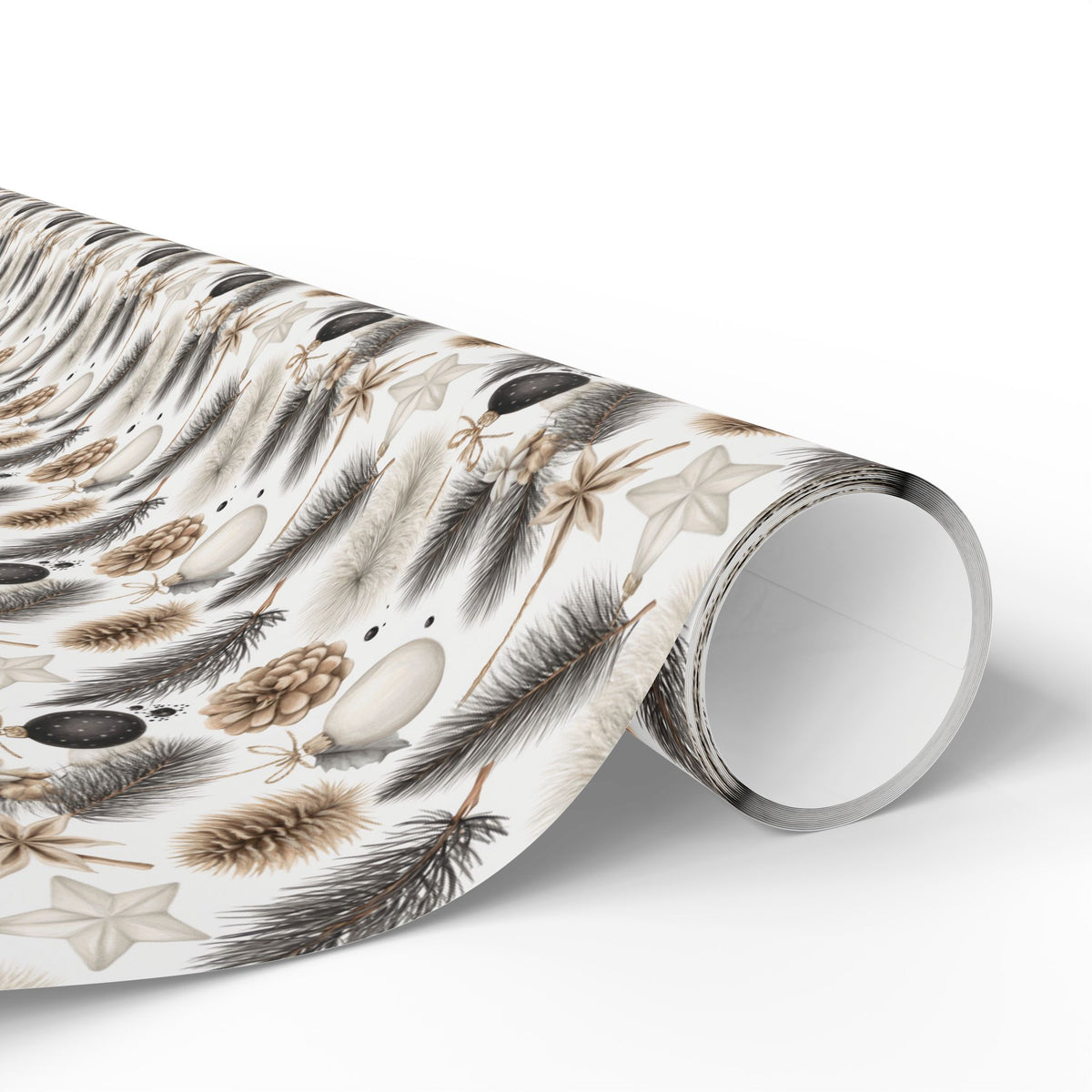 Neutral Christmas Wrapping Paper, Pinecone Pine Branch Gift Wrap Roll, Beige Black White Woodland Winter Holiday Wrap, Matte Paper, Free Shipping