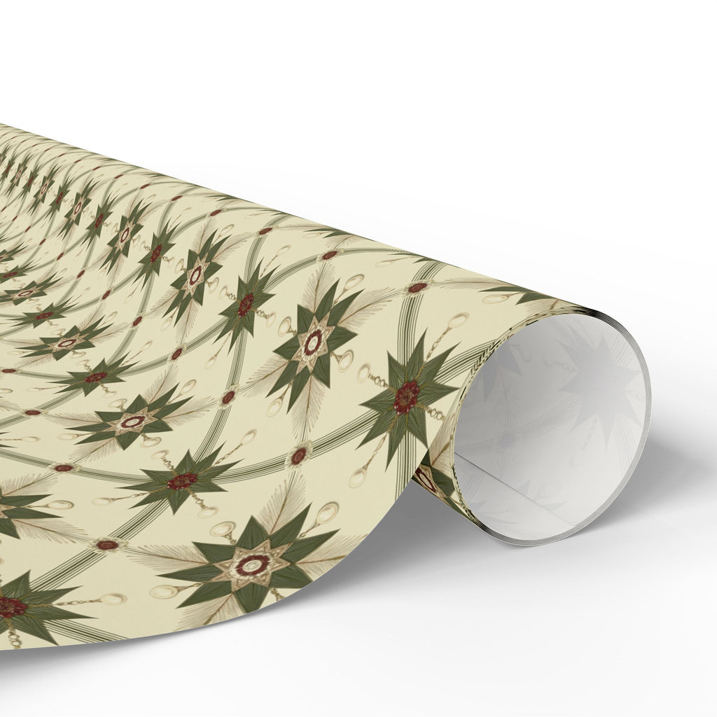 Folk Star Christmas Wrapping Paper, Sage Green Cream Quilt Block Gift Wrap Roll, Vintage Primitive Nordic Holiday Wrap, Matte Paper, Free Shipping