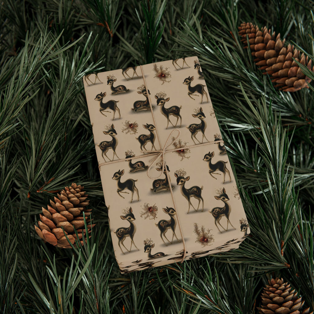 Retro Kitsch Fawn Christmas Wrapping Paper, Vintage Deer Gift Wrap Roll, Cream and Charcoal Holiday Paper, Matte