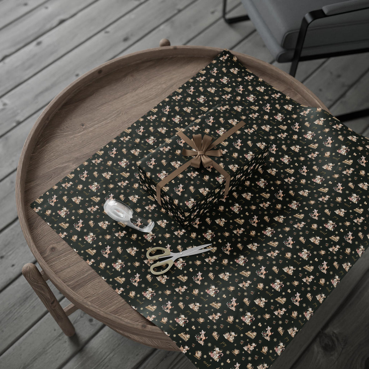 Vintage Deer Christmas Wrapping Paper, Evergreen and Gold Retro Gift Wrap Roll, Noel Fawn Sleigh Holiday Paper