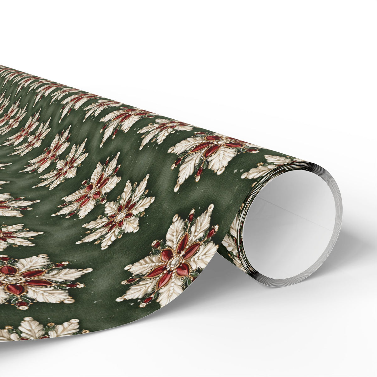 Jeweled Snowflake Christmas Wrapping Paper, Forest Green Gift Wrap Roll, Ruby Pearl Vintage Brooch Holiday Paper