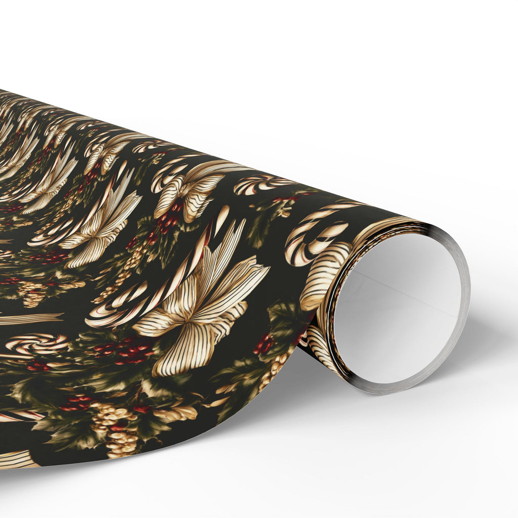 Vintage Christmas Bow and Candy Cane Wrapping Paper Roll, Cream Gold Ribbon Gift Wrap, Dark Green Holly Berry Holiday Paper, Elegant Victorian Christmas Wrap