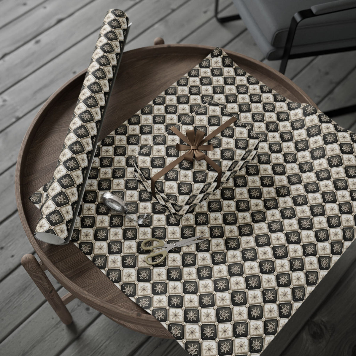 Tufted Snowflake Christmas Wrapping Paper, Black Cream Harlequin Gift Wrap Roll, Elegant Pearl Holiday Paper