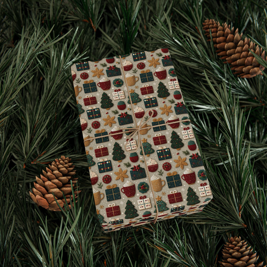 Embroidered Look Christmas Wrapping Paper, Folk Art Cookie Cocoa Gift Wrap Roll, Vintage Red Green Tan Holiday Wrap, Matte Paper, Free Shipping