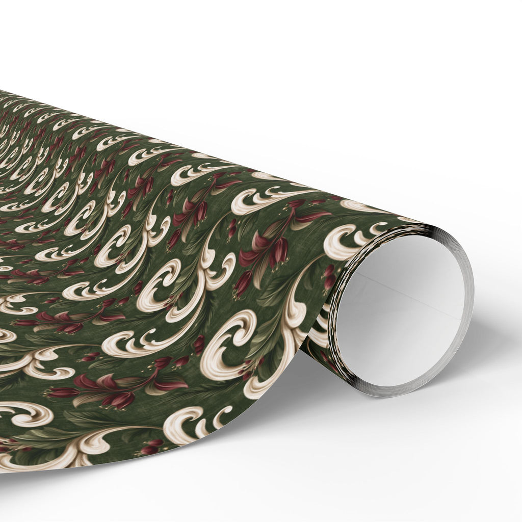 Green and Cream Damask Wrapping Paper Roll, Vintage Scroll and Berry Christmas Gift Wrap, Burgundy Floral Baroque Holiday Paper, Elegant Christmas Wrap