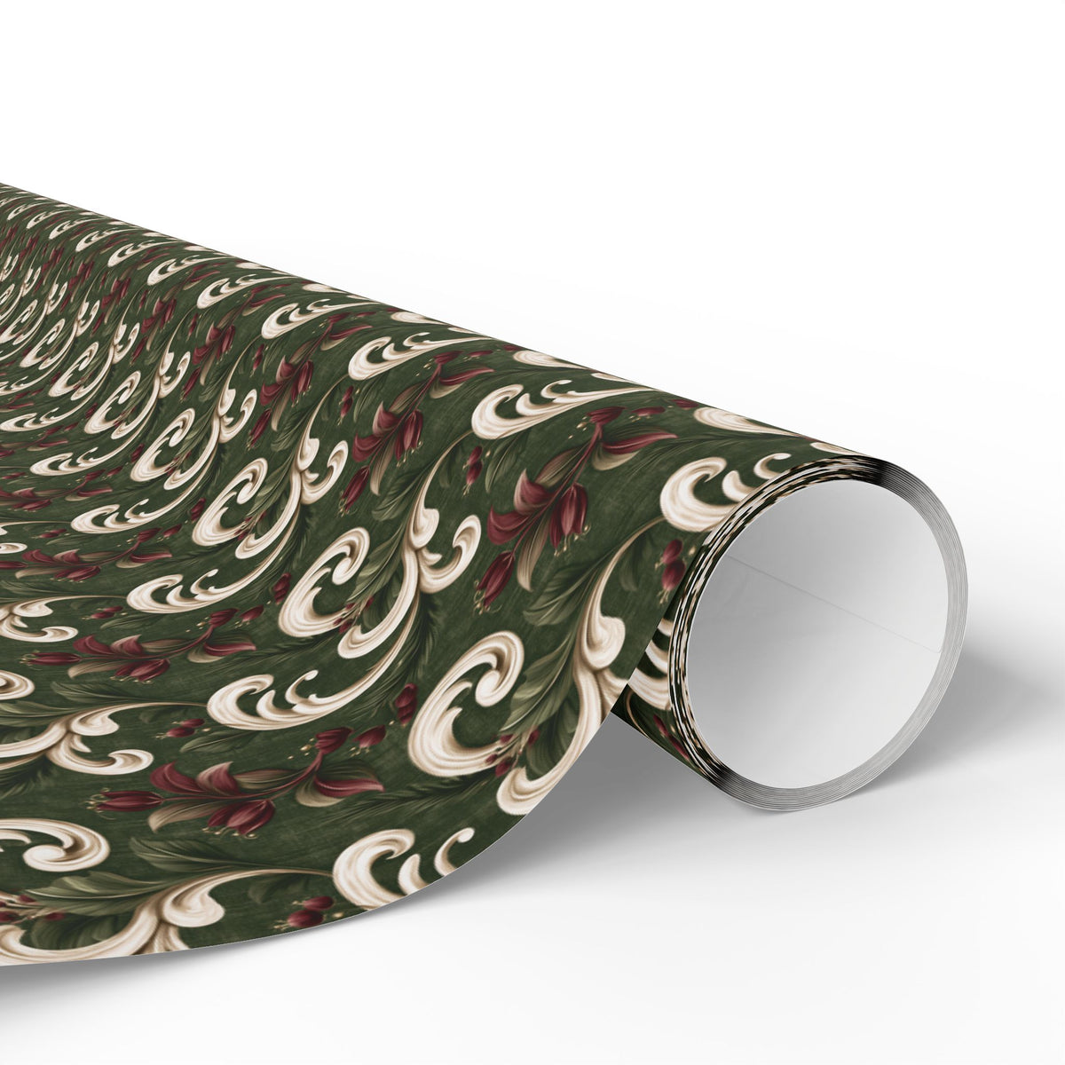 Green and Cream Damask Wrapping Paper Roll, Vintage Scroll and Berry Christmas Gift Wrap, Burgundy Floral Baroque Holiday Paper, Elegant Christmas Wrap