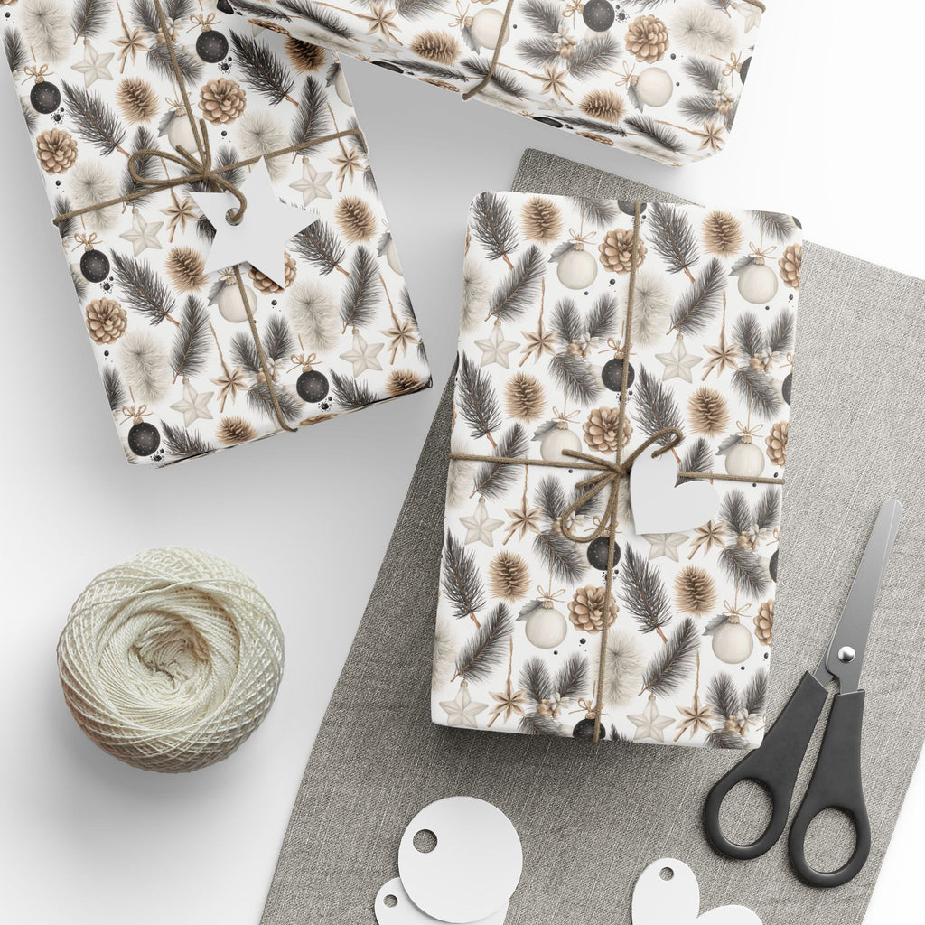 Neutral Christmas Wrapping Paper, Pinecone Pine Branch Gift Wrap Roll, Beige Black White Woodland Winter Holiday Wrap, Matte Paper, Free Shipping