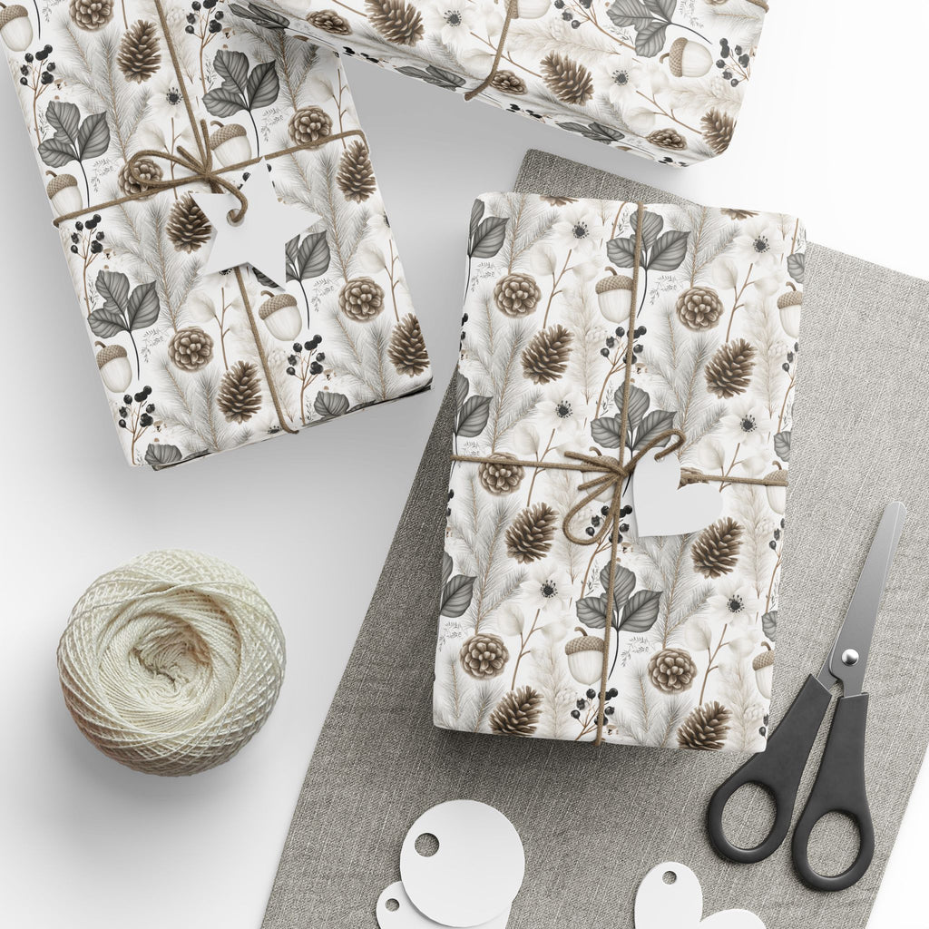 Woodland Botanical Wrapping Paper, Acorn Pinecone Gift Wrap Roll, Neutral Cream Gray Winter Forest Wrap, Matte Paper, Free Shipping