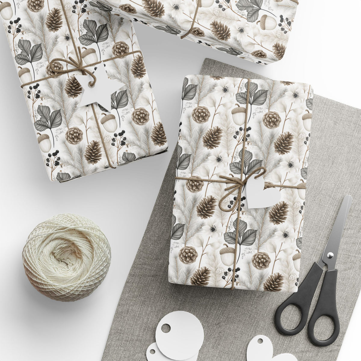 Woodland Botanical Wrapping Paper, Acorn Pinecone Gift Wrap Roll, Neutral Cream Gray Winter Forest Wrap, Matte Paper, Free Shipping