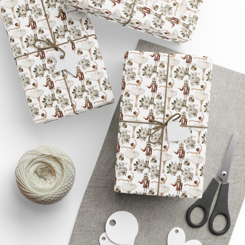 Nutcracker Ballerina Wrapping Paper, Sugar Plum Ballet Gift Wrap Roll, White Cream Christmas Dancer Holiday Wrap, Matte Paper, Free Shipping
