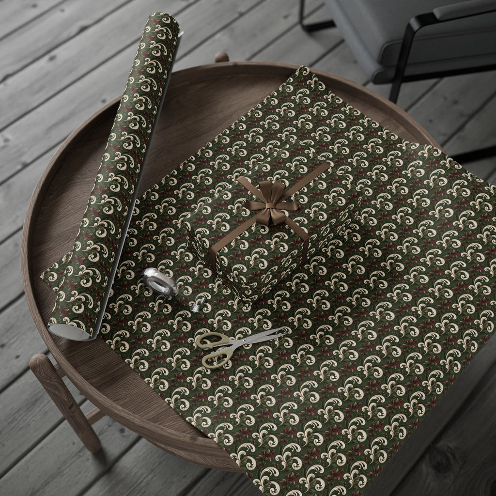 Green and Cream Damask Wrapping Paper Roll, Vintage Scroll and Berry Christmas Gift Wrap, Burgundy Floral Baroque Holiday Paper, Elegant Christmas Wrap