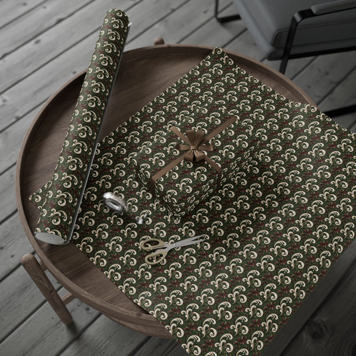 Green and Cream Damask Wrapping Paper Roll, Vintage Scroll and Berry Christmas Gift Wrap, Burgundy Floral Baroque Holiday Paper, Elegant Christmas Wrap