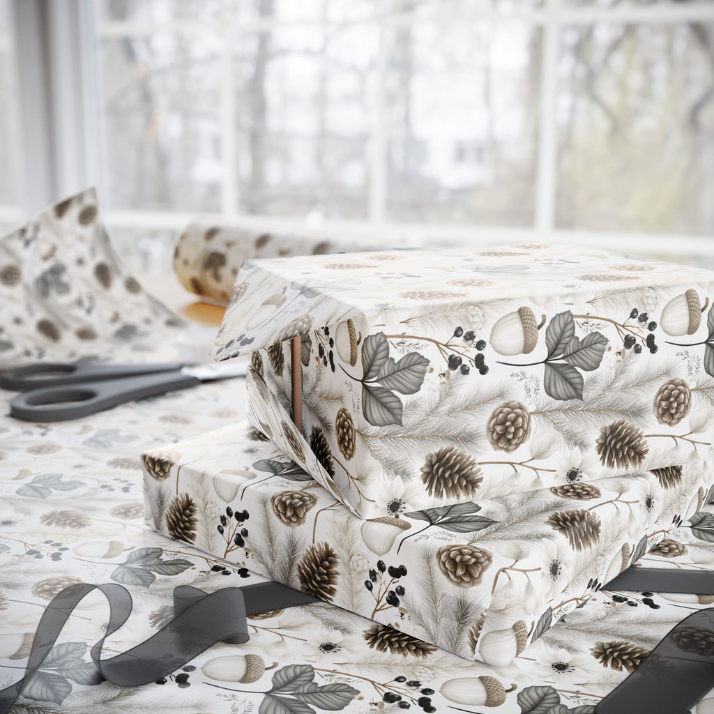 Woodland Botanical Wrapping Paper, Acorn Pinecone Gift Wrap Roll, Neutral Cream Gray Winter Forest Wrap, Matte Paper, Free Shipping