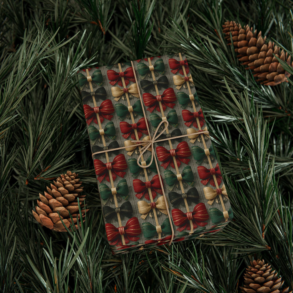 Rustic Ribbon Bow Christmas Wrapping Paper, Red Green Burlap Gift Wrap Roll, Textured Linen Holiday Paper, Matte