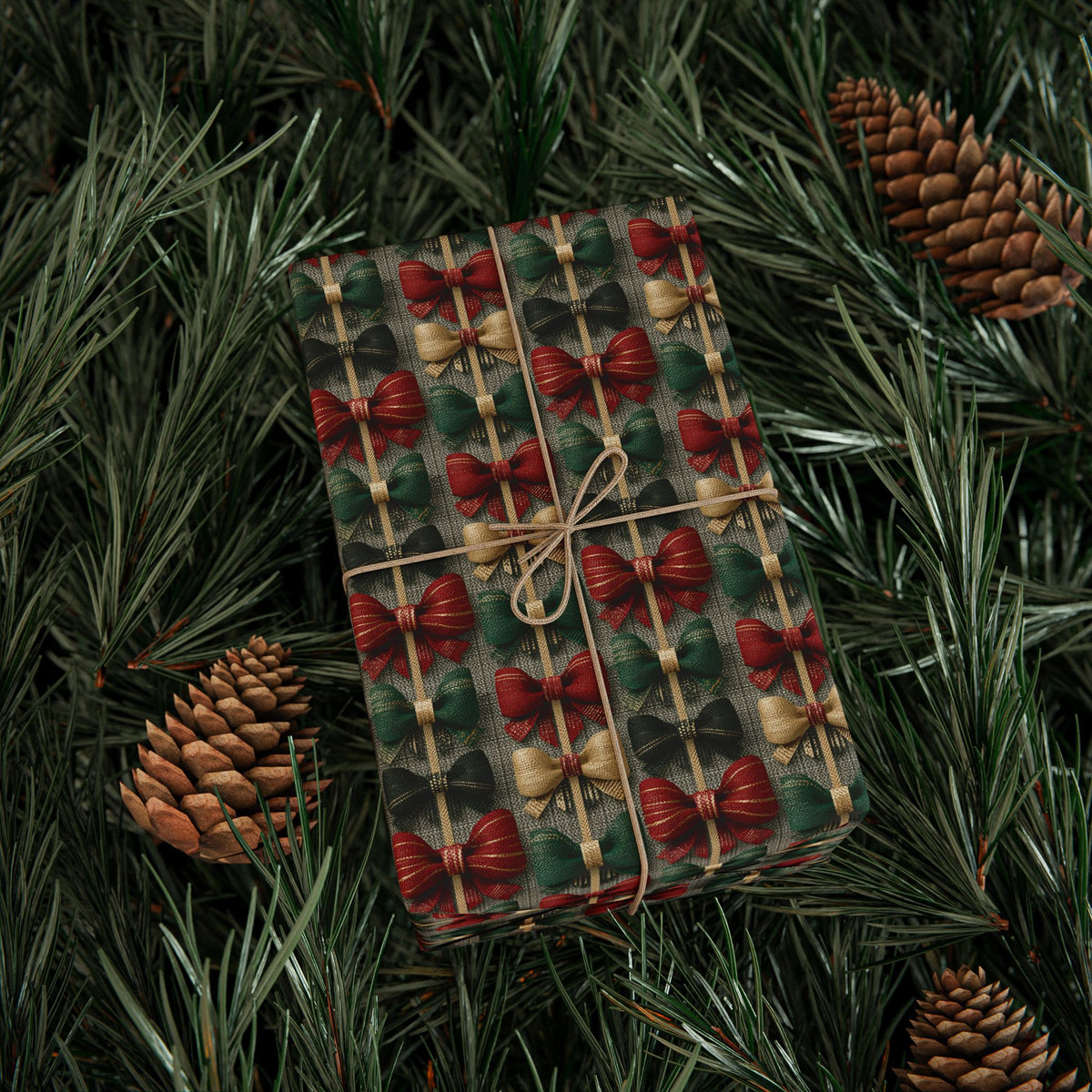 Rustic Ribbon Bow Christmas Wrapping Paper, Red Green Burlap Gift Wrap Roll, Textured Linen Holiday Paper, Matte
