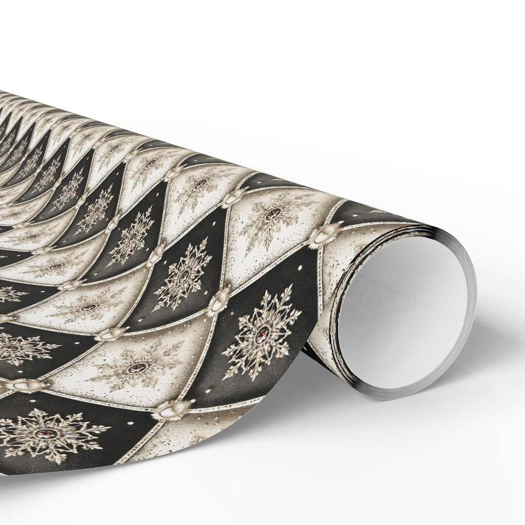 Tufted Snowflake Christmas Wrapping Paper, Black Cream Harlequin Gift Wrap Roll, Elegant Pearl Holiday Paper