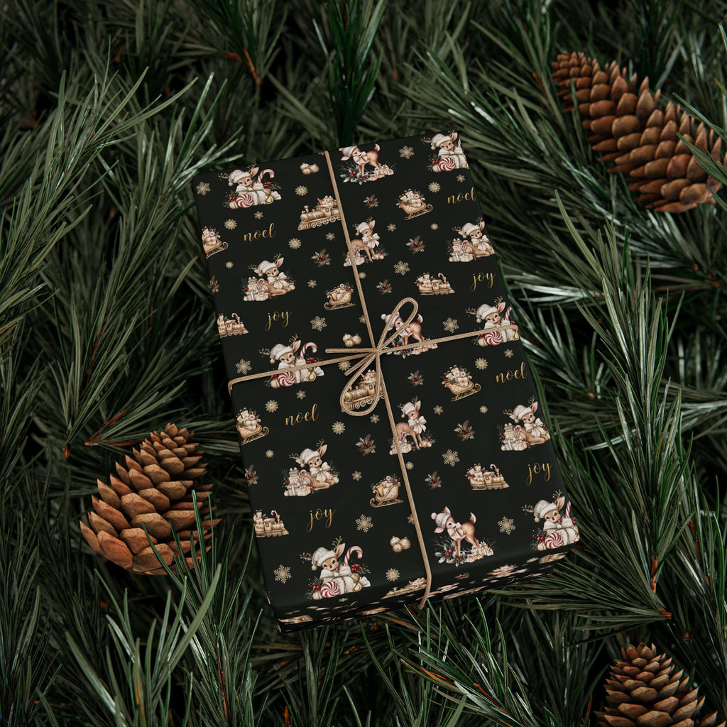 Vintage Deer Christmas Wrapping Paper, Evergreen and Gold Retro Gift Wrap Roll, Noel Fawn Sleigh Holiday Paper
