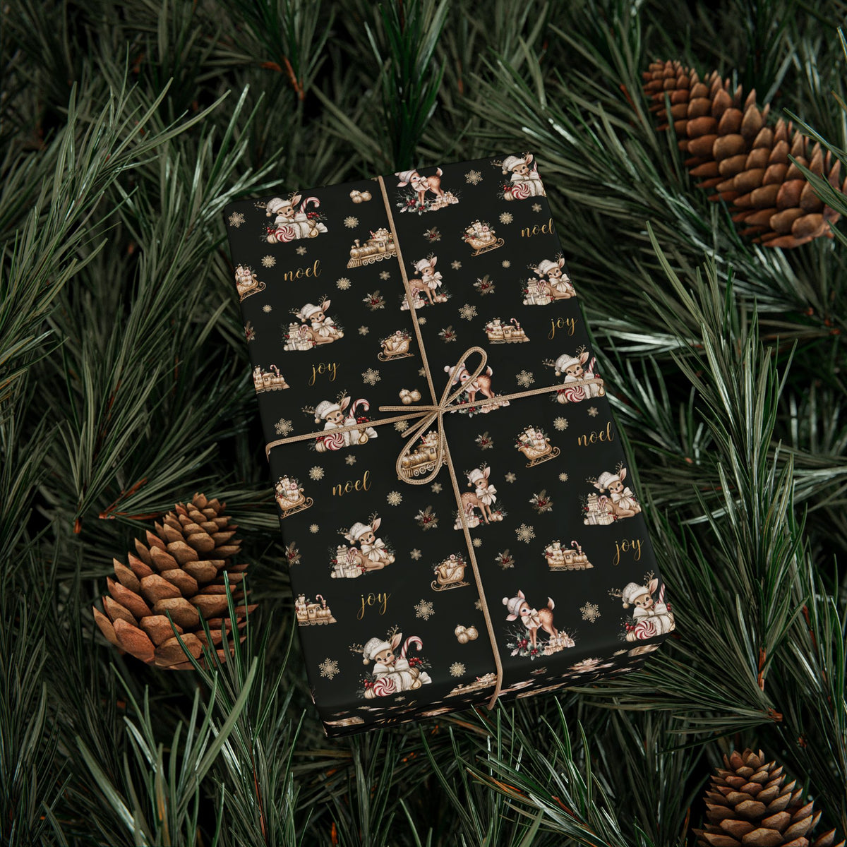 Vintage Deer Christmas Wrapping Paper, Evergreen and Gold Retro Gift Wrap Roll, Noel Fawn Sleigh Holiday Paper