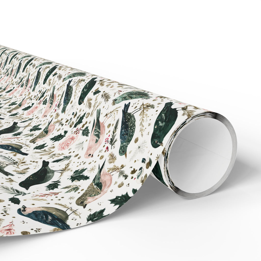 Watercolor Winter Bird Wrapping Paper, Pink Green Gold Botanical Gift Wrap Roll, Elegant Holiday Paper, Matte