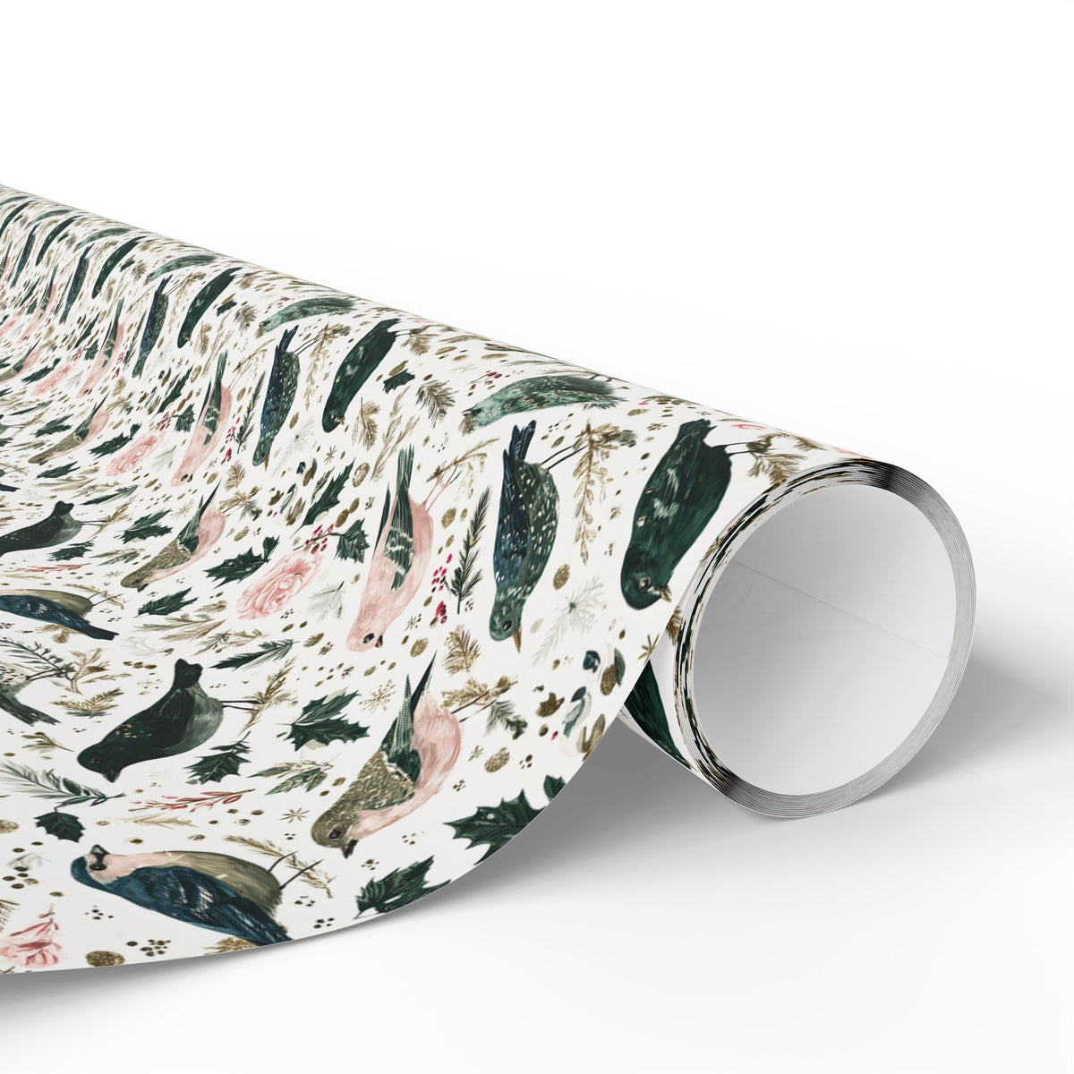 Watercolor Winter Bird Wrapping Paper, Pink Green Gold Botanical Gift Wrap Roll, Elegant Holiday Paper, Matte