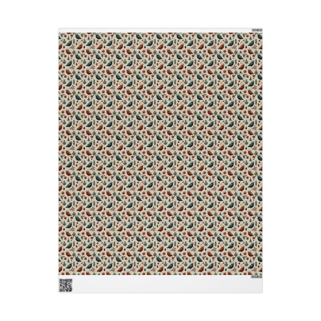 Folk Art Christmas Bird Wrapping Paper, Scandinavian Robin Gift Wrap Roll, Red Blue Cream Holiday Paper, Matte