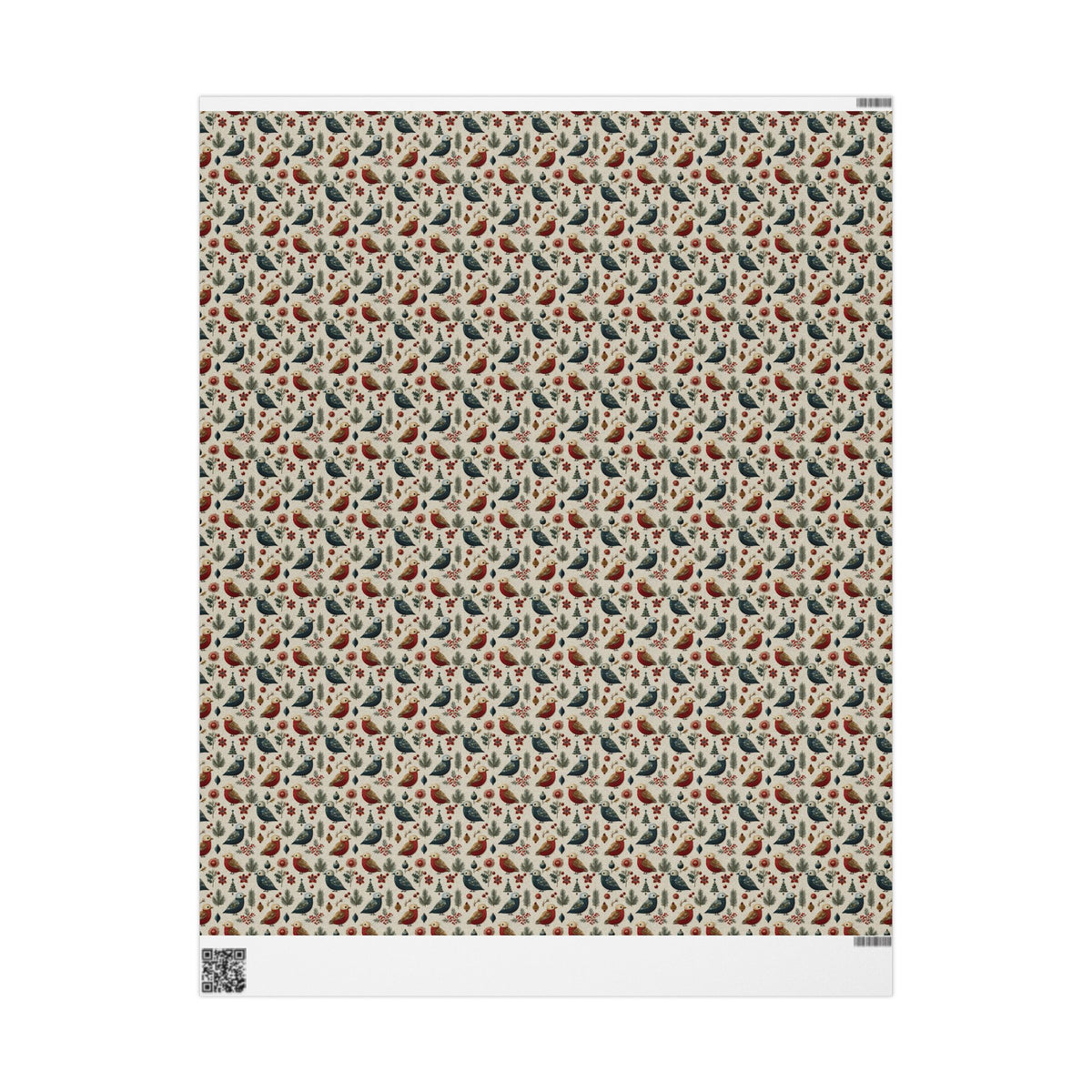 Folk Art Christmas Bird Wrapping Paper, Scandinavian Robin Gift Wrap Roll, Red Blue Cream Holiday Paper, Matte
