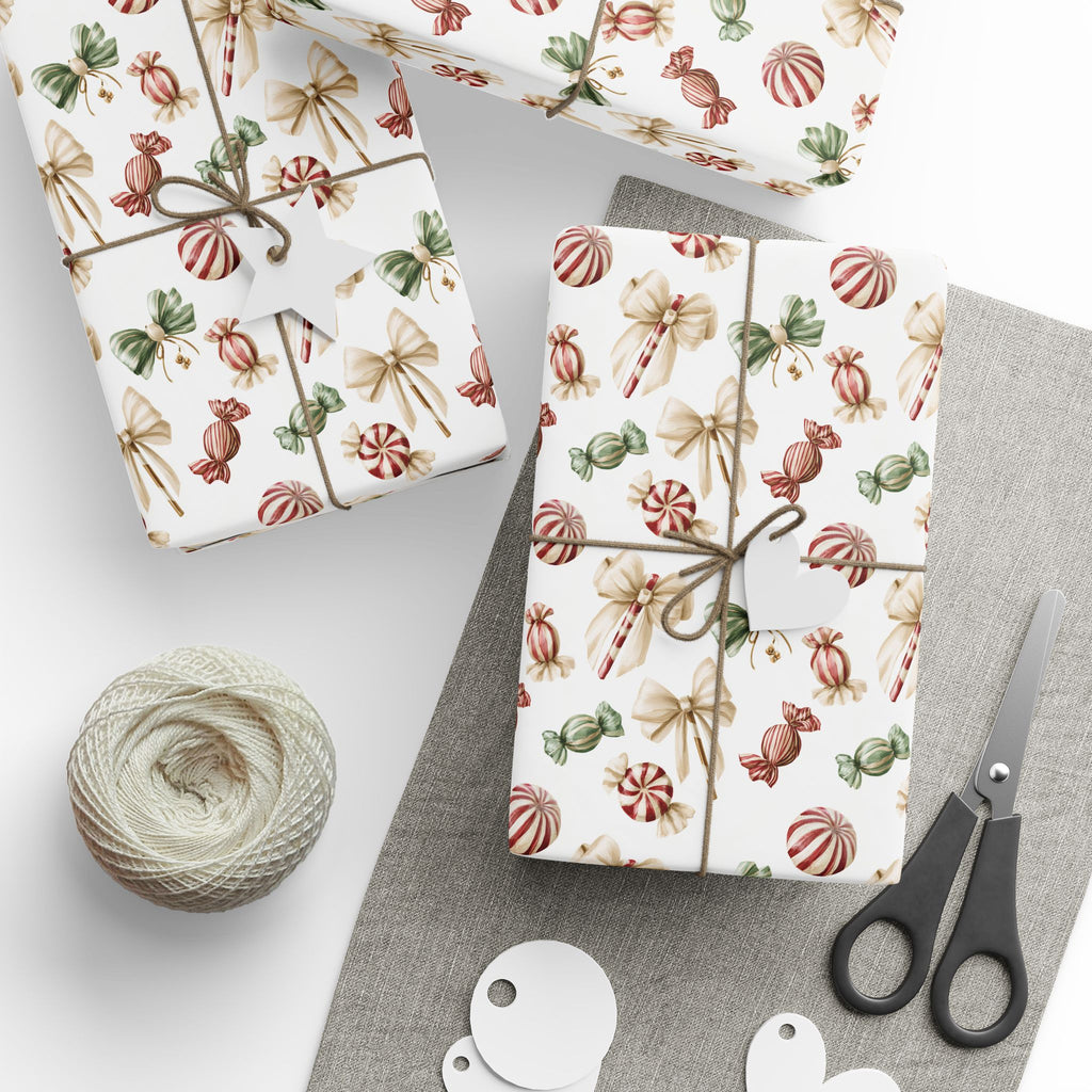 Watercolor Christmas Candy Wrapping Paper, White Coquette Bow Gift Wrap Roll, Peppermint Sweets Holiday Wrap, Matte Paper, Free Shipping