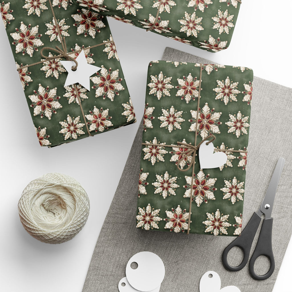 Jeweled Snowflake Christmas Wrapping Paper, Forest Green Gift Wrap Roll, Ruby Pearl Vintage Brooch Holiday Paper