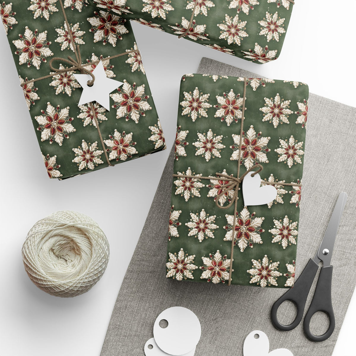 Jeweled Snowflake Christmas Wrapping Paper, Forest Green Gift Wrap Roll, Ruby Pearl Vintage Brooch Holiday Paper