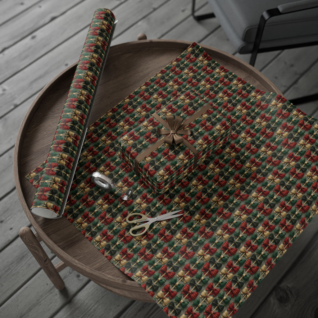 Rustic Ribbon Bow Christmas Wrapping Paper, Red Green Burlap Gift Wrap Roll, Textured Linen Holiday Paper, Matte