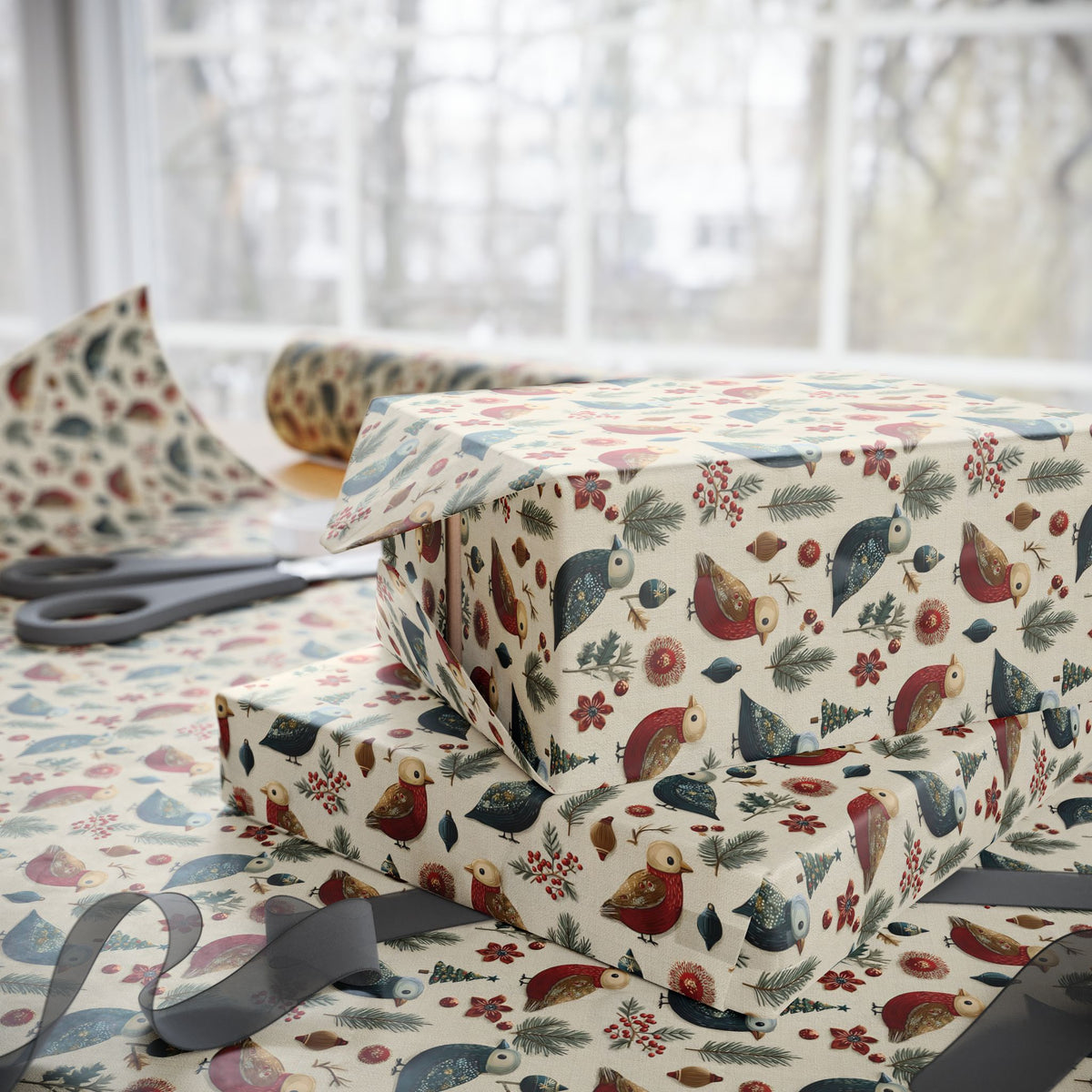 Folk Art Christmas Bird Wrapping Paper, Scandinavian Robin Gift Wrap Roll, Red Blue Cream Holiday Paper, Matte