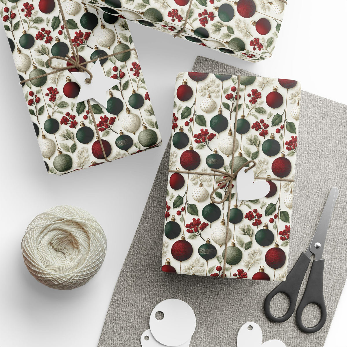 Vintage Ornament Christmas Wrapping Paper, Red Green Cream Bauble Gift Wrap Roll, Holly Berry Botanical Holiday Wrap, Matte Paper, Free Shipping