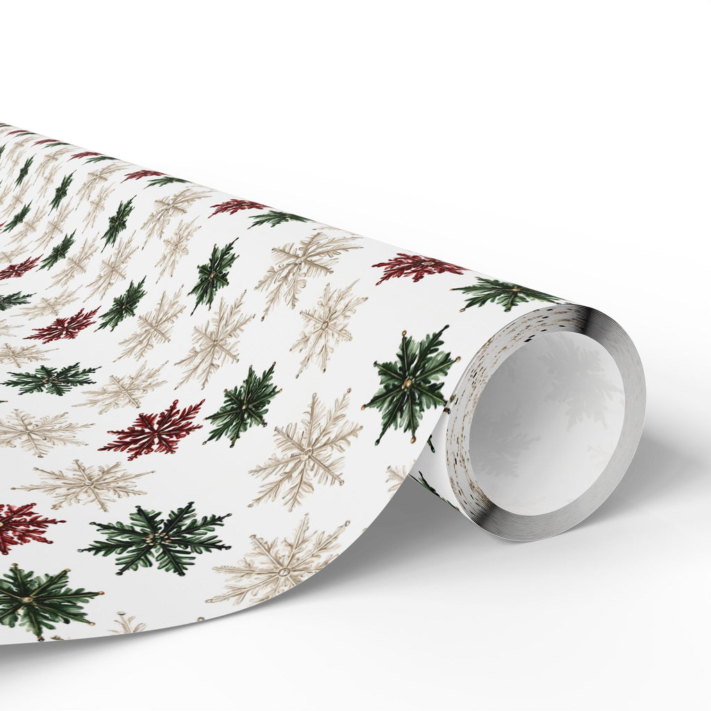 Watercolor Snowflake Christmas Wrapping Paper, Red Green Gold Gift Wrap Roll, Classic White Holiday Paper, Matte