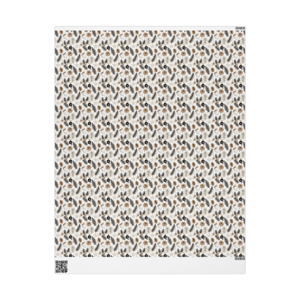 Neutral Christmas Wrapping Paper, Pinecone Pine Branch Gift Wrap Roll, Beige Black White Woodland Winter Holiday Wrap, Matte Paper, Free Shipping