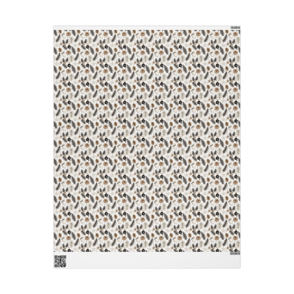 Neutral Christmas Wrapping Paper, Pinecone Pine Branch Gift Wrap Roll, Beige Black White Woodland Winter Holiday Wrap, Matte Paper, Free Shipping
