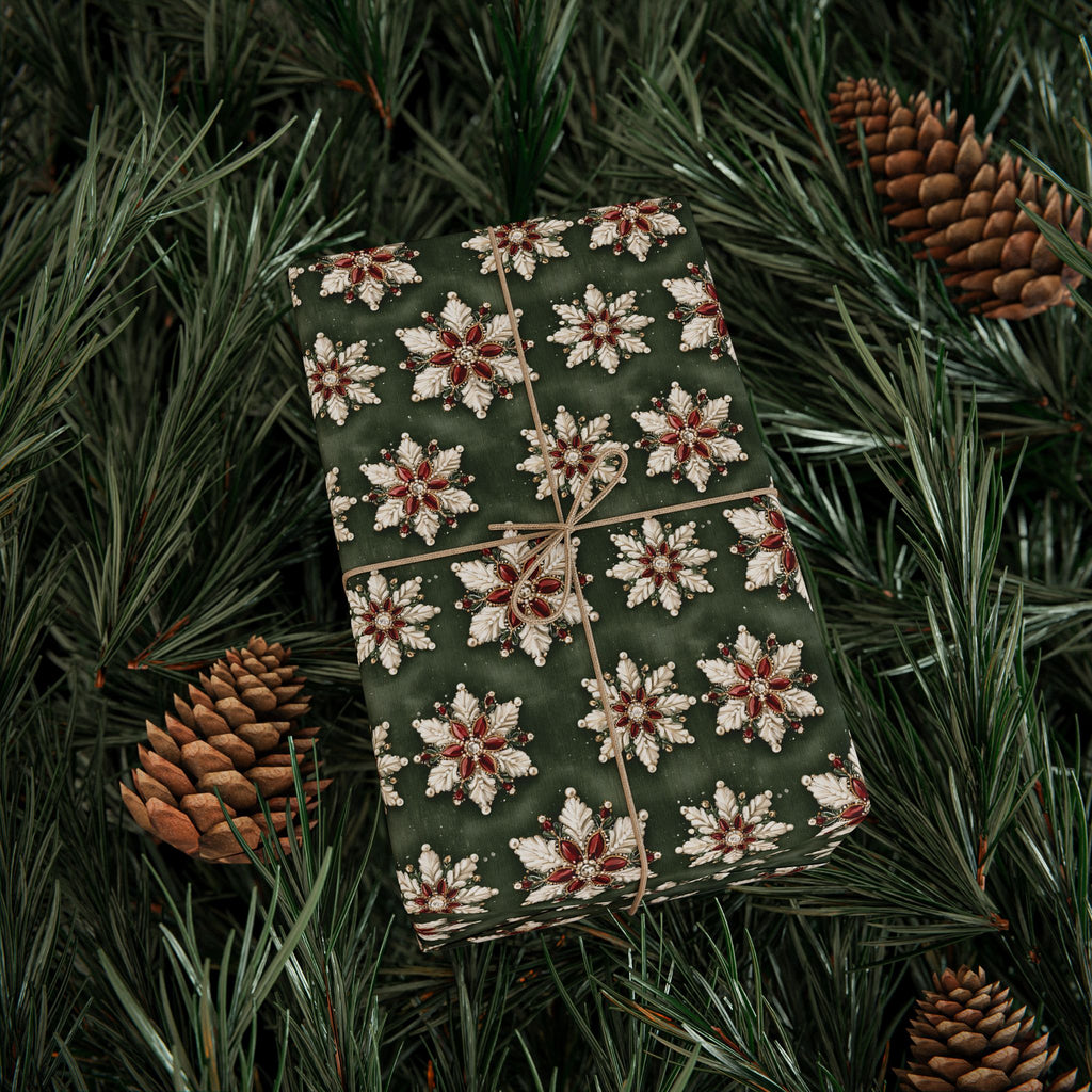 Jeweled Snowflake Christmas Wrapping Paper, Forest Green Gift Wrap Roll, Ruby Pearl Vintage Brooch Holiday Paper