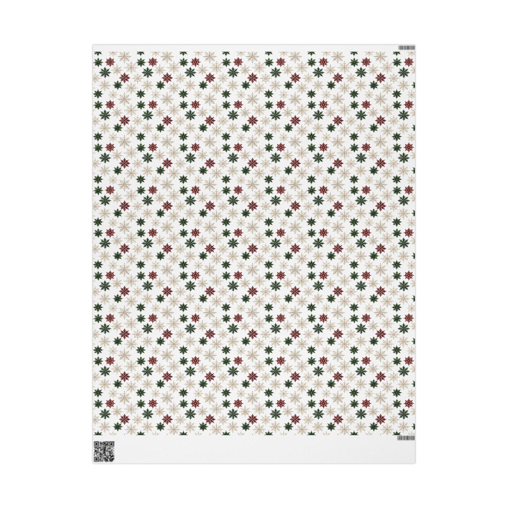 Watercolor Snowflake Christmas Wrapping Paper, Red Green Gold Gift Wrap Roll, Classic White Holiday Paper, Matte