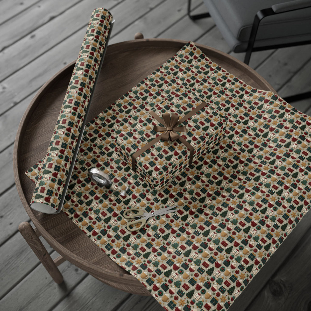 Embroidered Look Christmas Wrapping Paper, Folk Art Cookie Cocoa Gift Wrap Roll, Vintage Red Green Tan Holiday Wrap, Matte Paper, Free Shipping