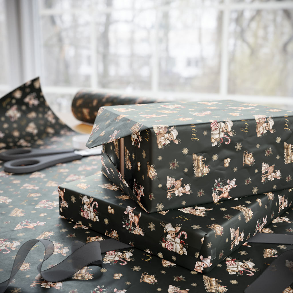 Vintage Deer Christmas Wrapping Paper, Evergreen and Gold Retro Gift Wrap Roll, Noel Fawn Sleigh Holiday Paper