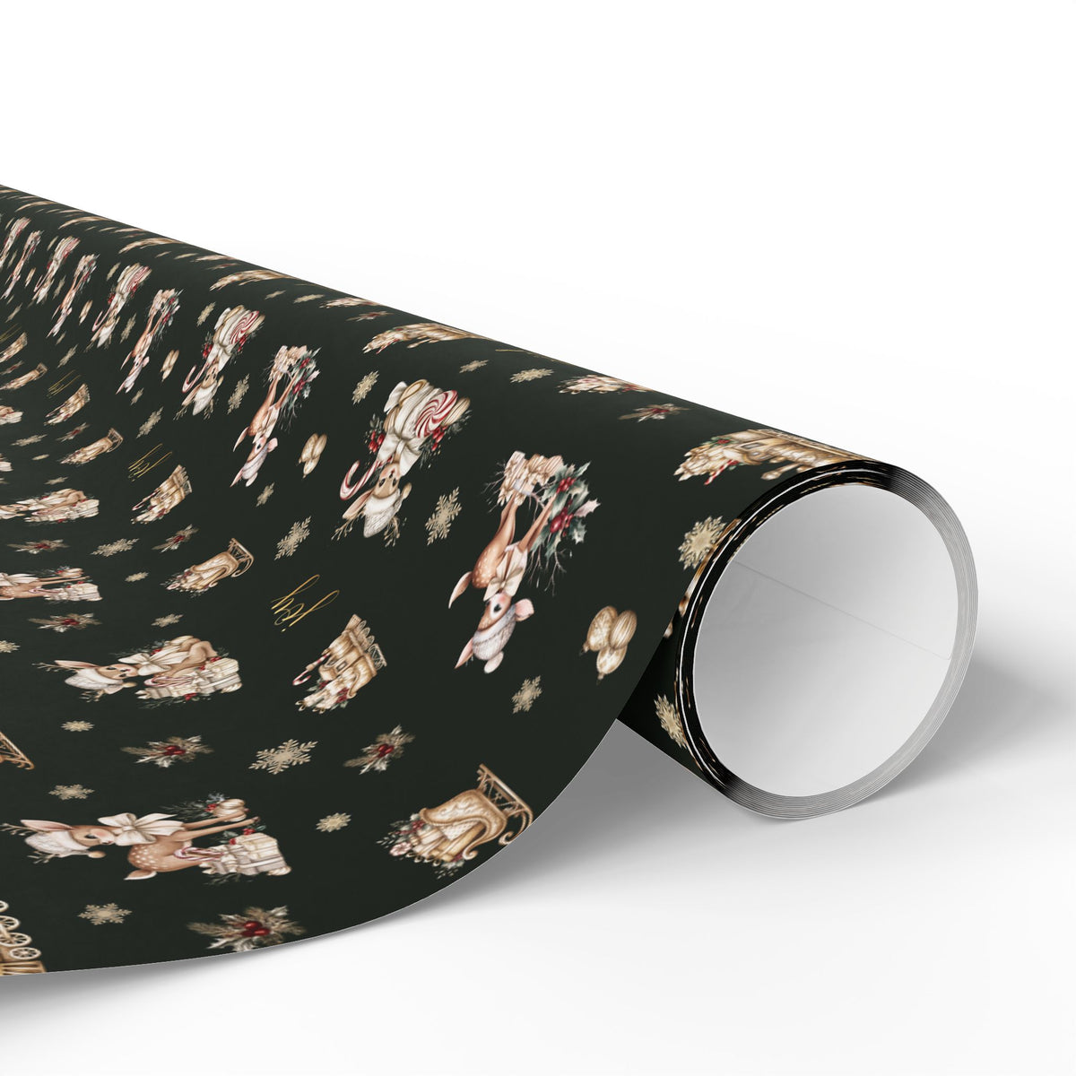 Vintage Deer Christmas Wrapping Paper, Evergreen and Gold Retro Gift Wrap Roll, Noel Fawn Sleigh Holiday Paper