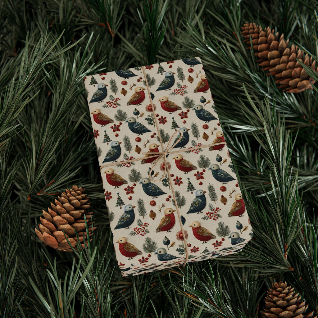 Folk Art Christmas Bird Wrapping Paper, Scandinavian Robin Gift Wrap Roll, Red Blue Cream Holiday Paper, Matte
