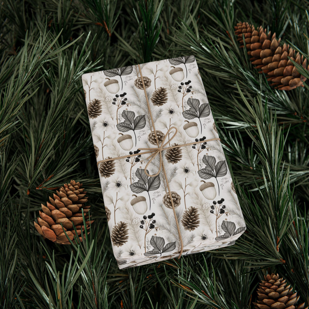Woodland Botanical Wrapping Paper, Acorn Pinecone Gift Wrap Roll, Neutral Cream Gray Winter Forest Wrap, Matte Paper, Free Shipping
