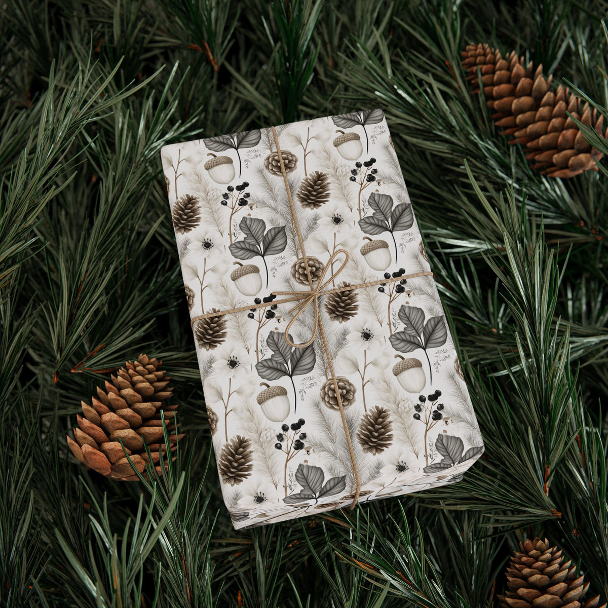 Woodland Botanical Wrapping Paper, Acorn Pinecone Gift Wrap Roll, Neutral Cream Gray Winter Forest Wrap, Matte Paper, Free Shipping